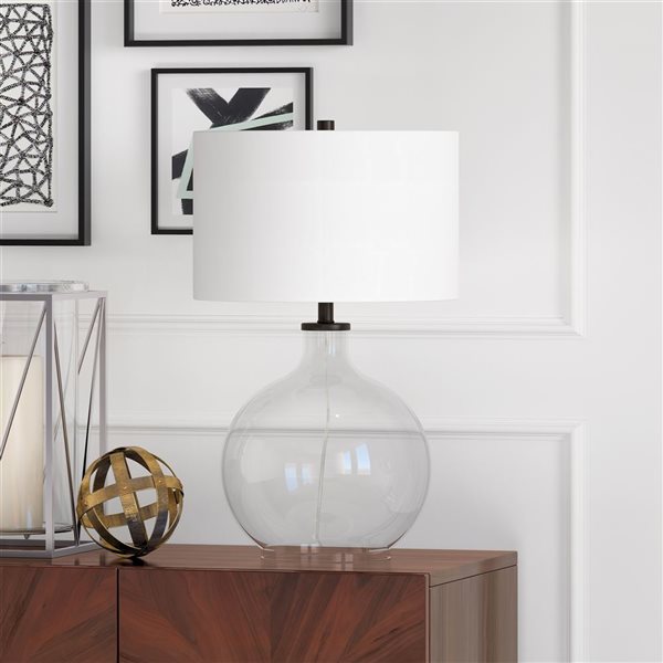 Hailey Home Laelia 24.75-in H Table Lamp with White Fabric Drum-Shaped Shade and Clear Glass Base