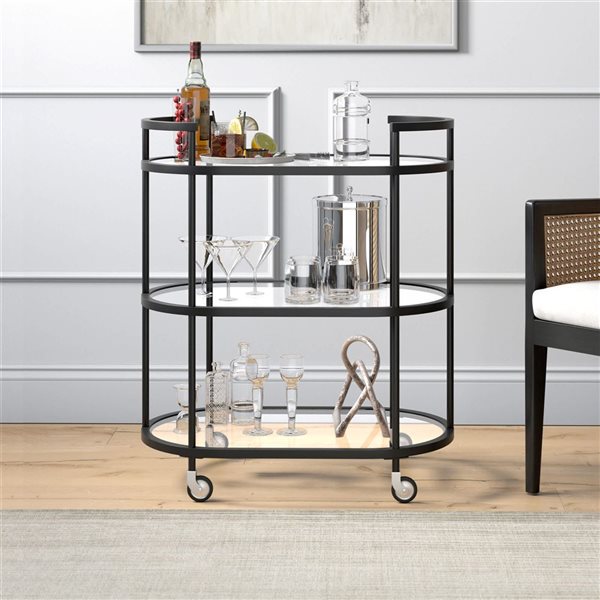 Hailey Home Leif 30 W x 15.5 D X 34.5-in H 2-Tier Blackened Bronze Metal Oval Bar Cart w/ Wheels