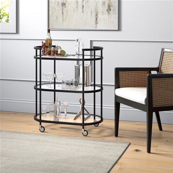 Hailey Home Leif 30 W x 15.5 D X 34.5-in H 2-Tier Blackened Bronze Metal Oval Bar Cart w/ Wheels