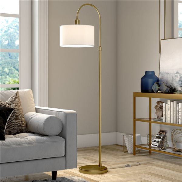 Hailey Home Veronica 70-in H Antique Brass Arc Floor Lamp w/ White Fabric Shade