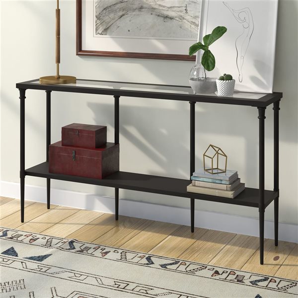 Hailey Home Nellie 55-in W Blackened Bronze Metal Modern Console Table w/ Metal Shelf and Glass Top