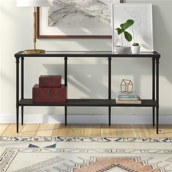 Hailey Home Nellie 55-in W Blackened Bronze Metal Modern Console Table w/ Metal Shelf and Glass Top