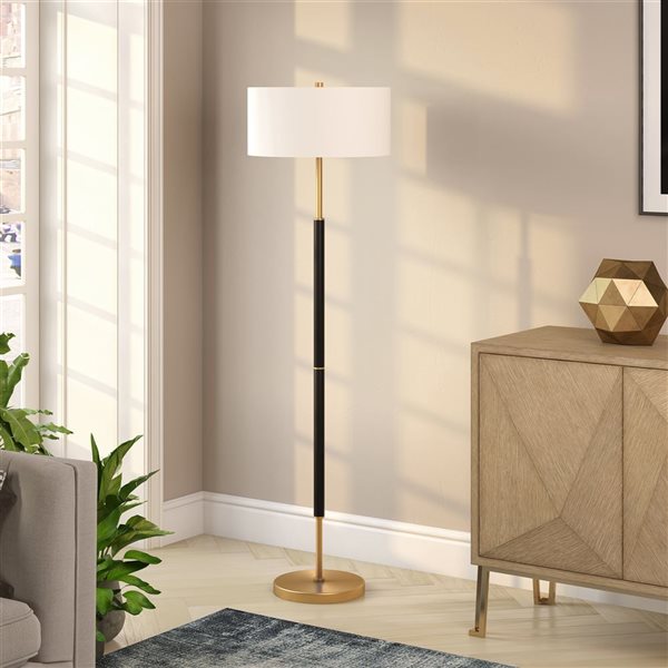 Hailey Home Simone 61-in H Black and Brass 2-Light Floor Lamp w/ White Fabric Shade