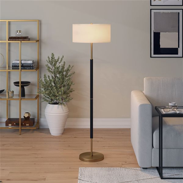 Hailey Home Simone 61-in H Black and Brass 2-Light Floor Lamp w/ White Fabric Shade