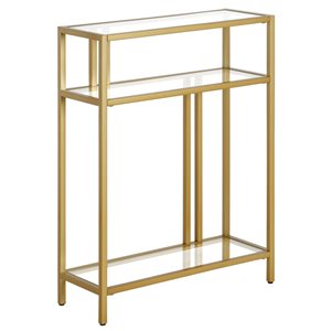 Table console à 2 tablettes Cortland de Hailey Home 22 po l. x 29,5 po h.  métal laiton avec tablettes en verre