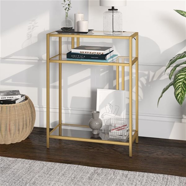 Hailey Home Cortland 22 W x 29.5-in H Brass Metal Industrial Console Table w/ Glass Shelves