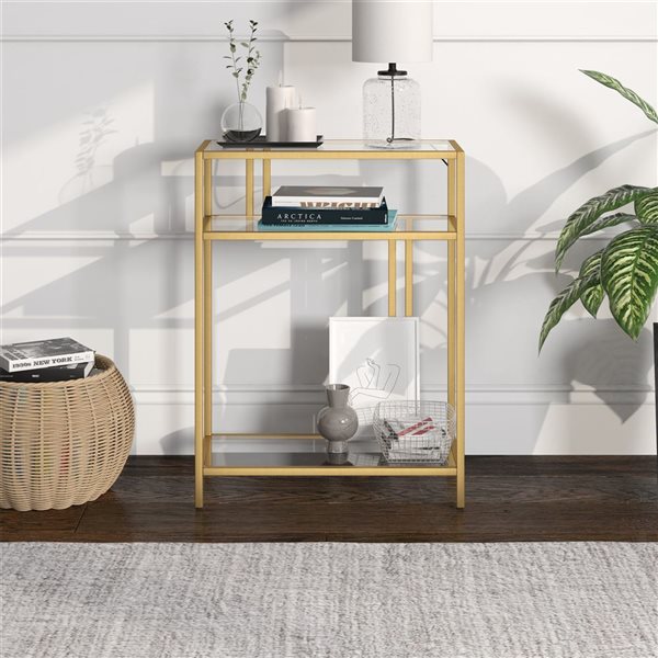 Hailey Home Cortland 22 W x 29.5-in H Brass Metal Industrial Console Table w/ Glass Shelves