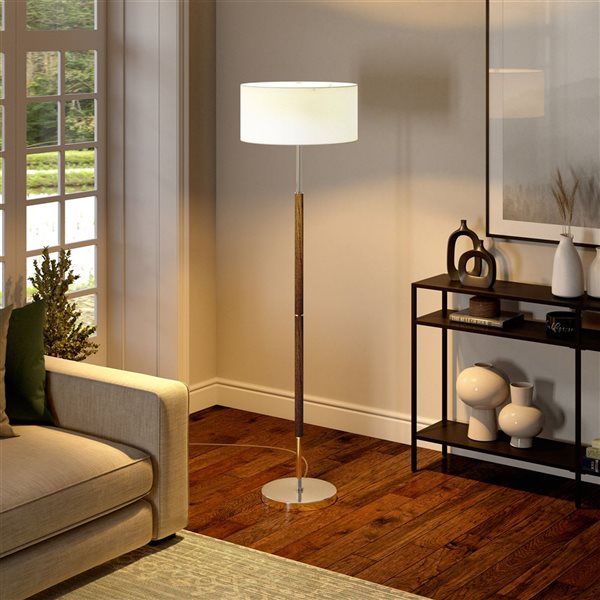 Hailey Home Simone 61-in H Oak and Nickel 2-Light Floor Lamp w/ White Fabric Shade