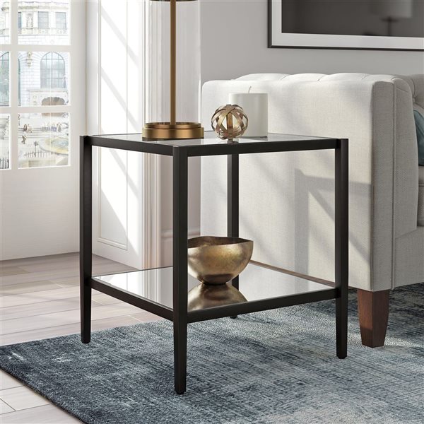 Hailey Home Hera Black Glass Square End Table w/ Mirror Shelf