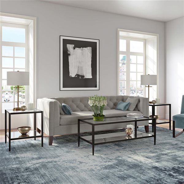 Hailey Home Hera Black Glass Square End Table w/ Mirror Shelf