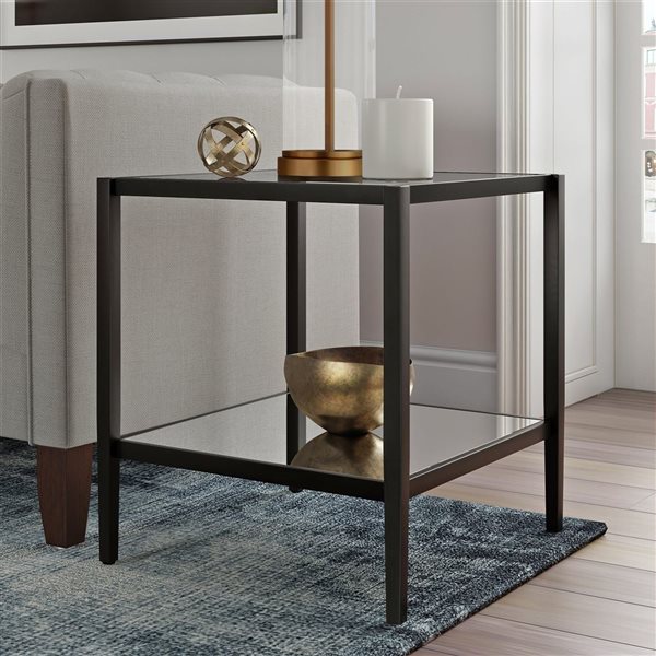 Hailey Home Hera Black Glass Square End Table w/ Mirror Shelf