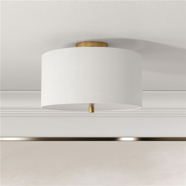 Hailey Home Ellis 16-in W Brass Flush Mount Light w/ White Fabric Shade