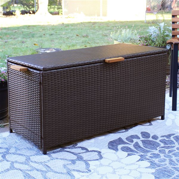 Sunnydaze Decor 23 L x 51-in W Brown Resin Wicker Deck Box w/ Wood Handles