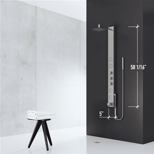 VIGO Bowery&nbsp;58-in H x&nbsp;5-in W&nbsp;4-Jet High-Pressure Shower Panel System w/Square Fixed Stainless Steel Rain Shower Head