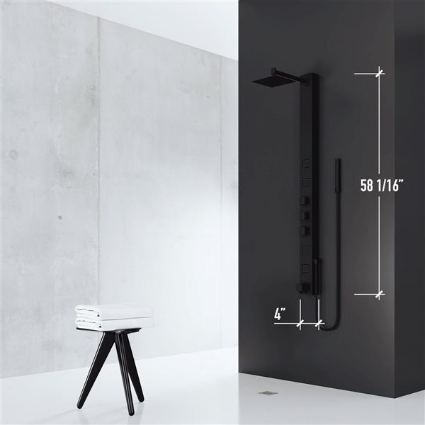 VIGO Bowery&nbsp;58-in H x&nbsp;4-in W&nbsp;4-Jet High-Pressure Shower Panel System with Square Fixed Matte Black Rain Shower Head