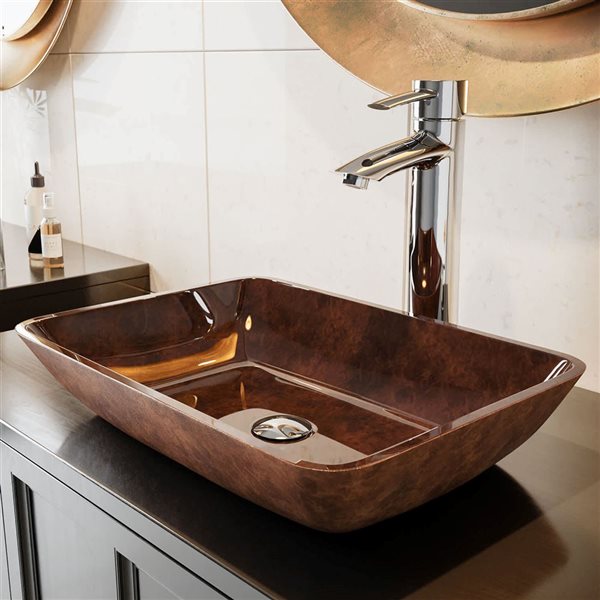 VIGO Donatello 18-in x 13-in x 4-in Brown Russet Glass Rectangular Vessel Bathroom Sink