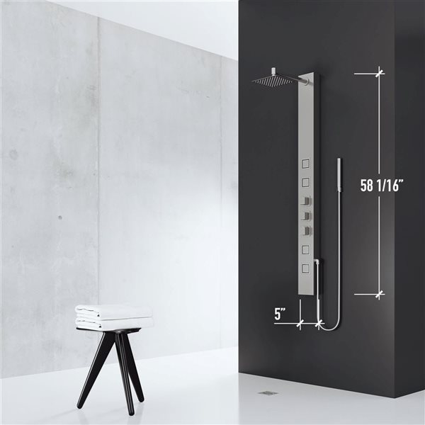 VIGO Sutton 58-in x 5-in Stainless Steel 4-Jet High Pressure Shower Panel System with Square Fixed Rain Shower Head