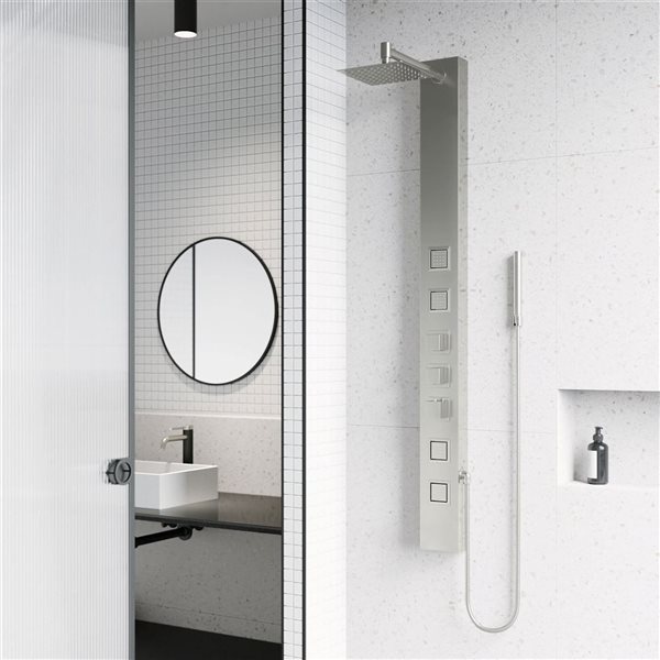 VIGO Sutton 58-in x 5-in Stainless Steel 4-Jet High Pressure Shower Panel System with Square Fixed Rain Shower Head