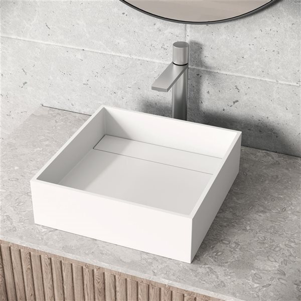 VIGO Montauk 15-in x 15-in x 5-in White Modern Matte Stone Square Vessel Bathroom Sink