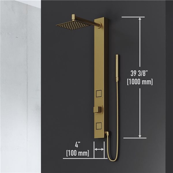 VIGO Orchid&nbsp;39 x&nbsp;4-in W&nbsp;2-Jet High-Pressure Shower Panel System with Square Fixed Rain Shower Head - Matte Brushed Gold