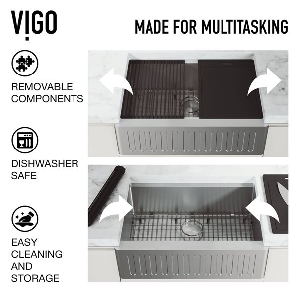 VIGO Oxford 36-in Stainless Steel Single Bowl Farmhouse Slotted Apron-Front Farmhouse Kitchen Sink Workstation and Accessories