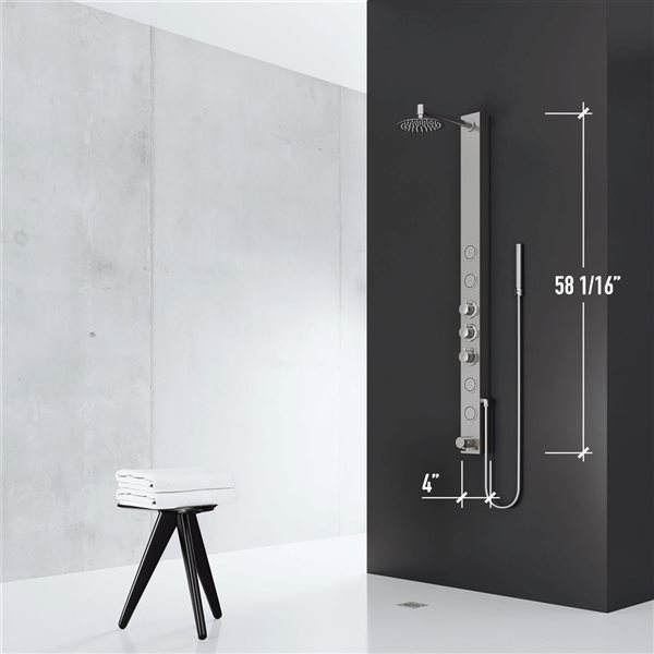 VIGO Bowery&nbsp;58-in H x&nbsp;4-in W&nbsp;4-Jet High-Pressure Shower Panel System w/Round Fixed Stainless Steel Rain Shower Head