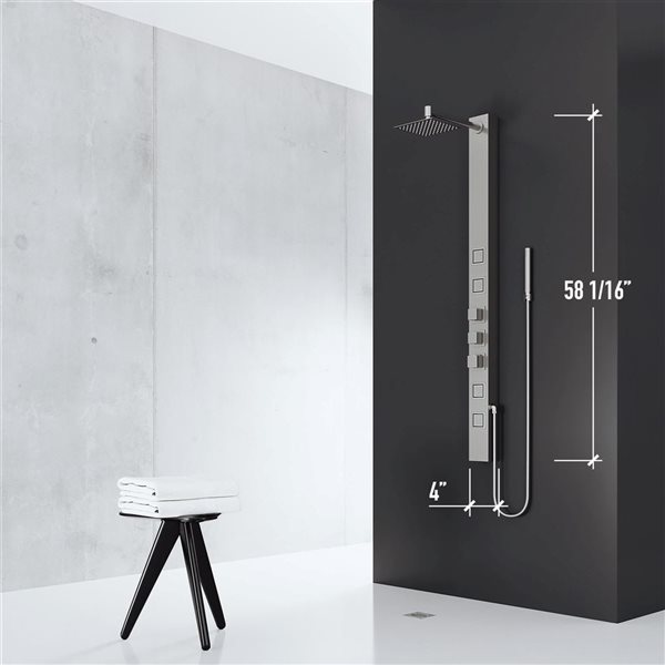 VIGO Sutton&nbsp;58-in H x&nbsp;4-in W&nbsp;4-Jet High-Pressure Shower Panel System w/Square Fixed Rain Shower Head - Stainless Steel