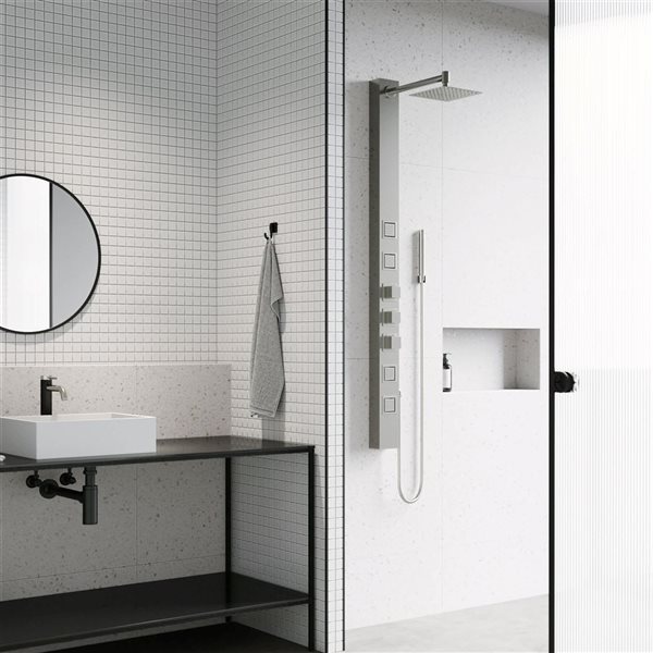 VIGO Sutton&nbsp;58-in H x&nbsp;4-in W&nbsp;4-Jet High-Pressure Shower Panel System w/Square Fixed Rain Shower Head - Stainless Steel