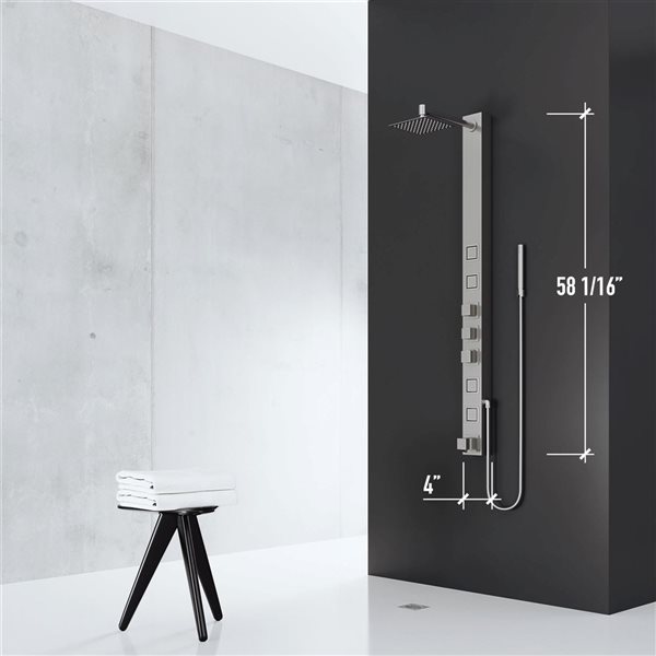 VIGO Bowery 58-in H x 4-in W 4-Jet High-Pressure Shower Panel System w/Square Fixed Stainless Steel Rain Shower Head