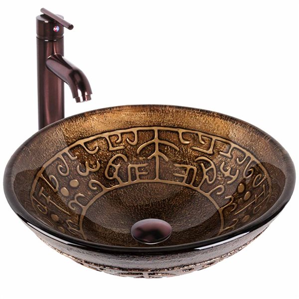 Lavabo vasque rond Greek VIGO 17 po l. en verre brun avec robinet Seville et bonde à pression bronze