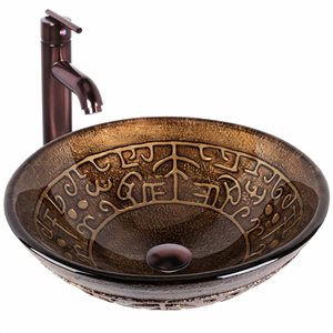 VIGO Greek Brown Glass Round Vessel 17-in W Bathroom Sink w/ Bronze Seville Faucet and Pop-Up Drain