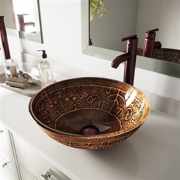 Lavabo vasque rond Greek VIGO 17 po l. en verre brun avec robinet Seville et bonde à pression bronze