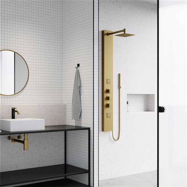 VIGO Rector&nbsp;55-in x&nbsp;6-in&nbsp;2-Jet High-Pressure Shower Panel System w/ Square Fixed Rain Shower Head - Matte Brushed Gold
