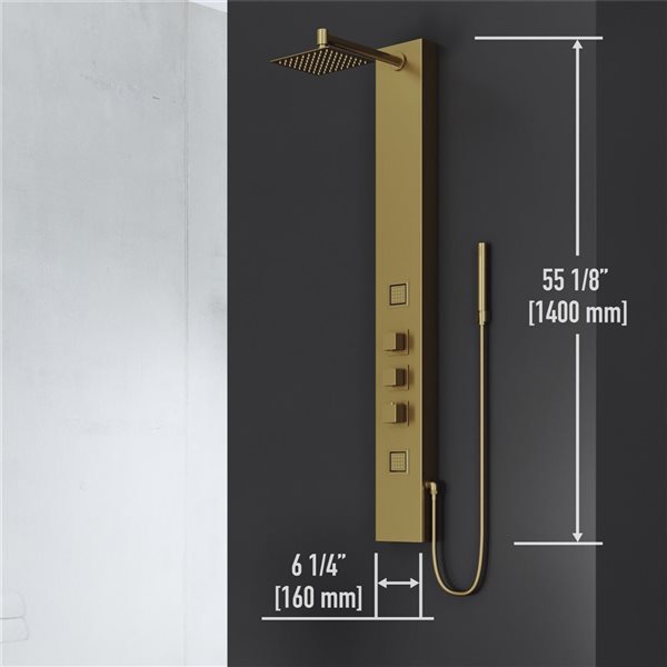 VIGO Rector&nbsp;55-in x&nbsp;6-in&nbsp;2-Jet High-Pressure Shower Panel System w/ Square Fixed Rain Shower Head - Matte Brushed Gold