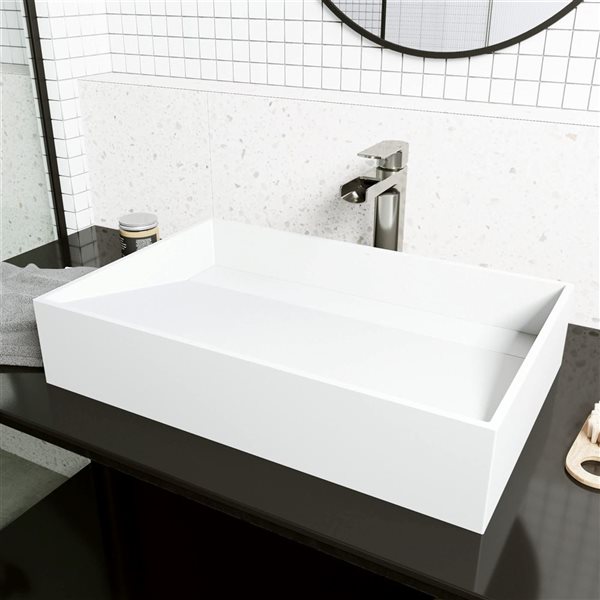 VIGO Starr 23-in x 15-in x 5-in White Modern Matte Stone Rectangular Vessel Bathroom Sink