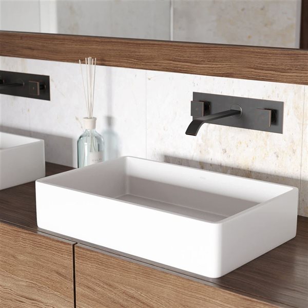 VIGO Magnolia 21-in x 14-in x 5-in White Modern Matte Stone Rectangular Vessel Bathroom Sink