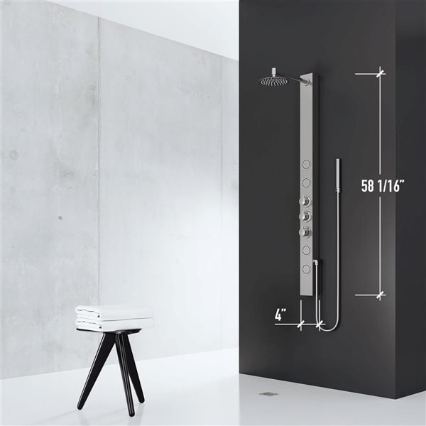 VIGO Sutton&nbsp;58-in H x&nbsp;4-in W&nbsp;4-Jet High-Pressure Shower Panel System w/Round Fixed Rain Shower Head - Stainless Steel