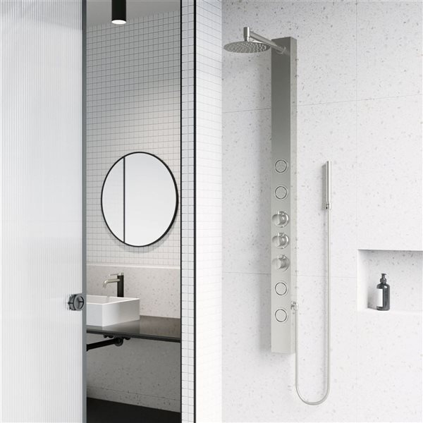 VIGO Sutton&nbsp;58-in H x&nbsp;4-in W&nbsp;4-Jet High-Pressure Shower Panel System w/Round Fixed Rain Shower Head - Stainless Steel
