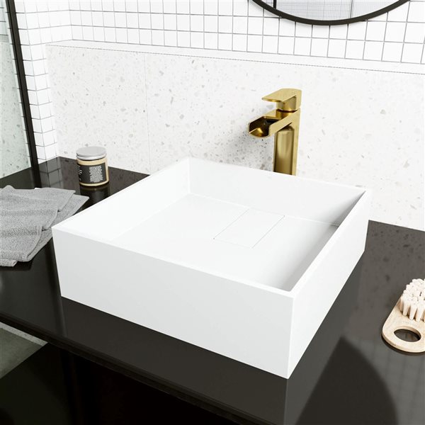 VIGO Bryant 15-in x 15-in x 5-in White Modern Matte Stone Square Vessel Bathroom Sink