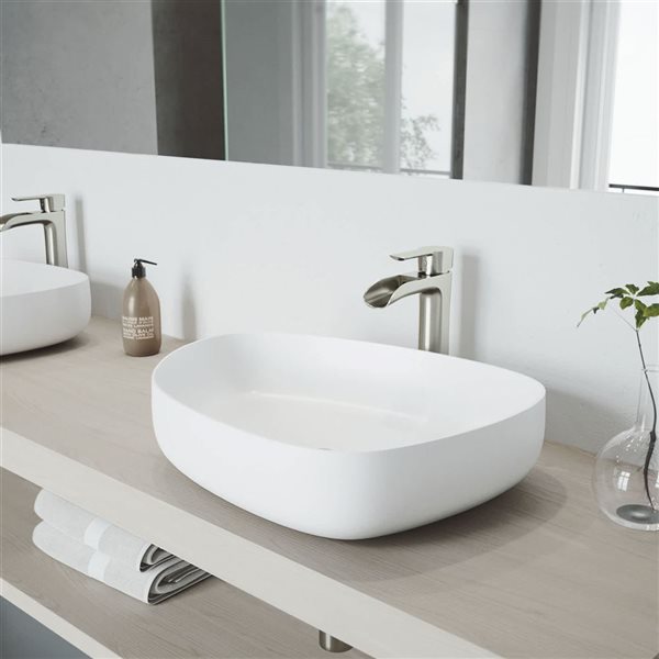 VIGO Peony 15-in x 20-in x 5-in White Modern Matte Stone Specialty Vessel Bathroom Sink