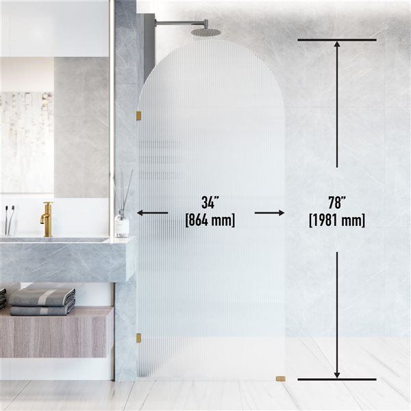 VIGO Arden 34-in x 78-in Matte Brushed Gold Frameless Fixed Shower Screen with Fluted Glass