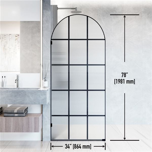 VIGO Arden 34-in x 78-in  Matte Black Framed Fixed Shower Screen with Fluted Glass