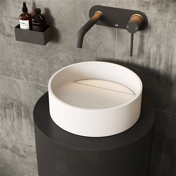 VIGO White Montauk 15-in x 15-in x 5-in Modern Matte Stone Round Vessel Bathroom Sink