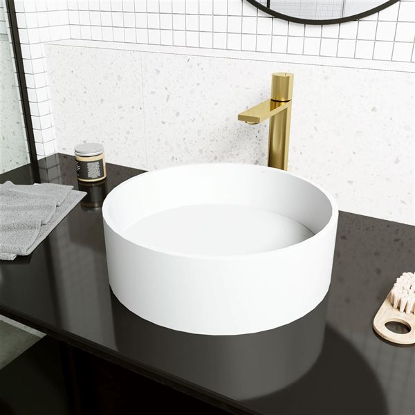 VIGO White Montauk 15-in x 15-in x 5-in Modern Matte Stone Round Vessel Bathroom Sink