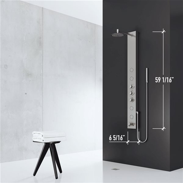 VIGO Bowery 59-in x 6-in Stainless Steel 4-Jet High Pressure Shower Panel System with Round Fixed Rain Shower Head