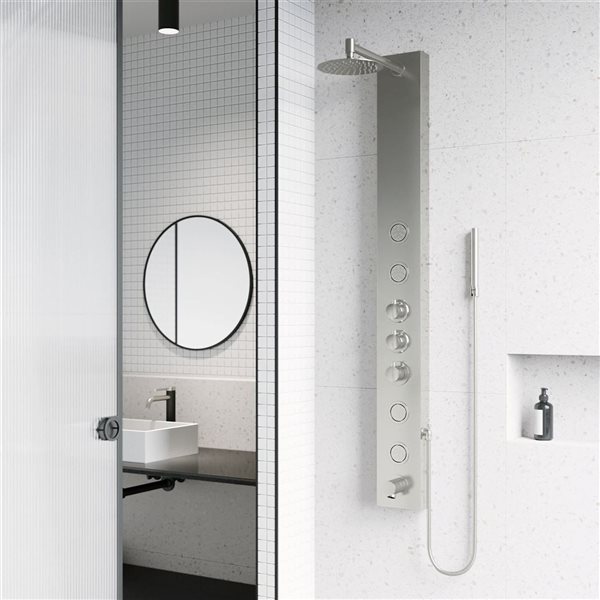 VIGO Bowery 59-in x 6-in Stainless Steel 4-Jet High Pressure Shower Panel System with Round Fixed Rain Shower Head