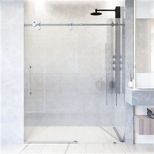 Porte de douche coulissante sans cadre Elan de 68 à 72 po de largeur x 74 po de hauteur en acier inoxydable avec verre canne…