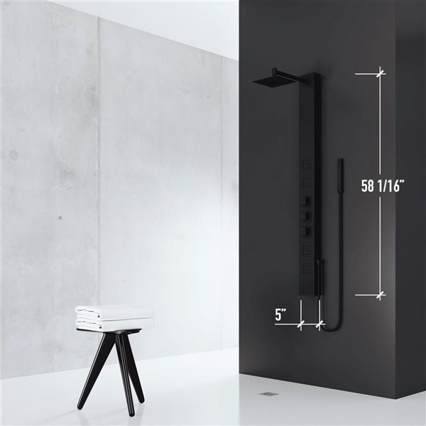 VIGO Sutton&nbsp;58-in H x&nbsp;5-in W&nbsp;4-Jet High-Pressure Shower Panel System with Square Fixed Rain Shower Head - Matte Black