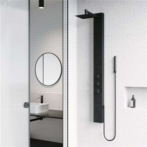 VIGO Sutton&nbsp;58-in H x&nbsp;5-in W&nbsp;4-Jet High-Pressure Shower Panel System with Square Fixed Rain Shower Head - Matte Black
