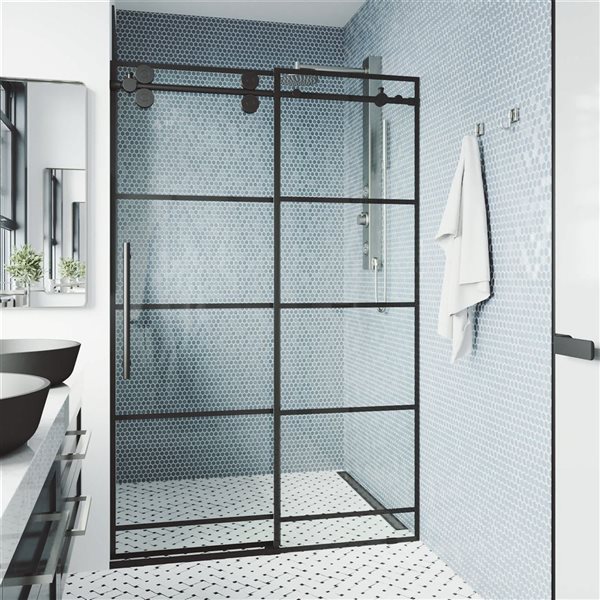 VIGO Elan 60 to 64-in x 74-in Matte Black Frameless Sliding Shower Door with Clear Glass and Handle